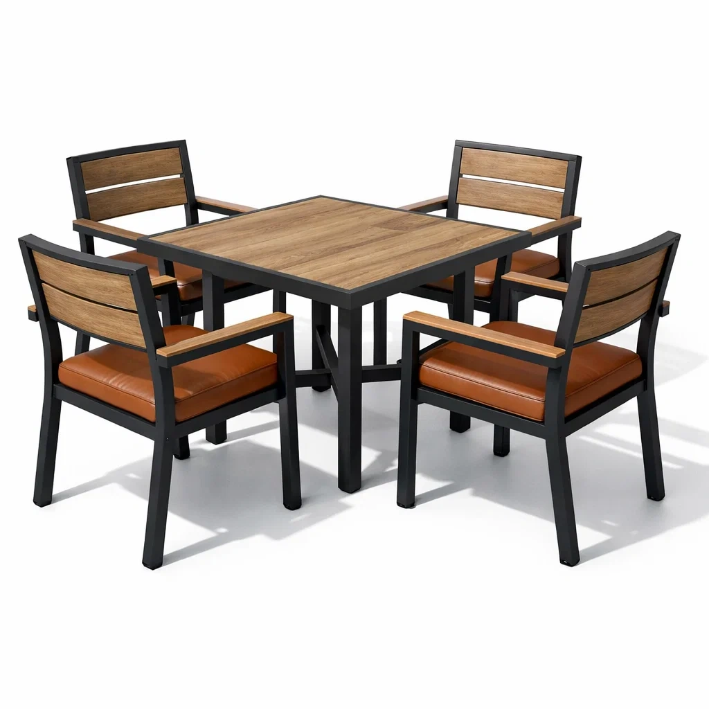 Esstisch set mit stühlen aluminium holzoptik 5 teilig braun schwarz-DECORTRENDZONE