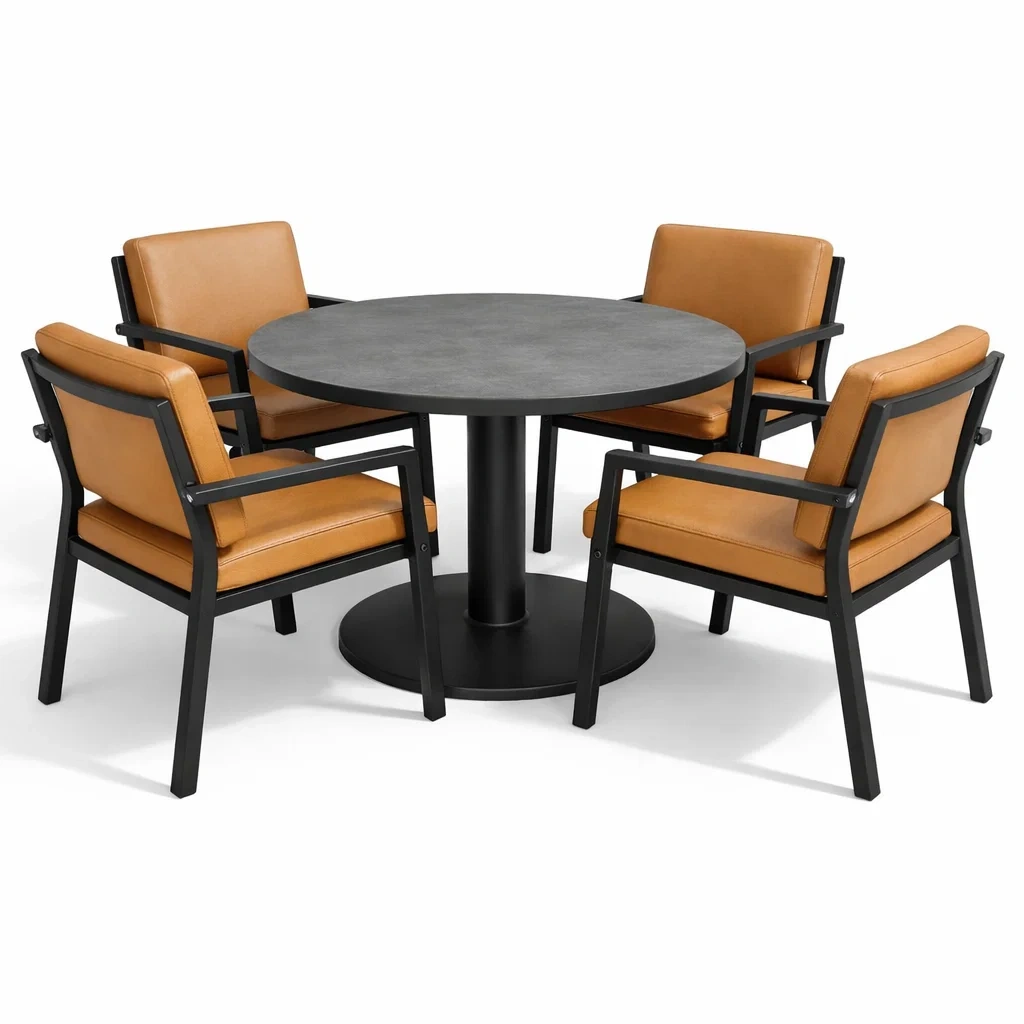 Esstisch set mit stühlen aluminium rund mit 4 stühlen kunstleder-DECORTRENDZONE