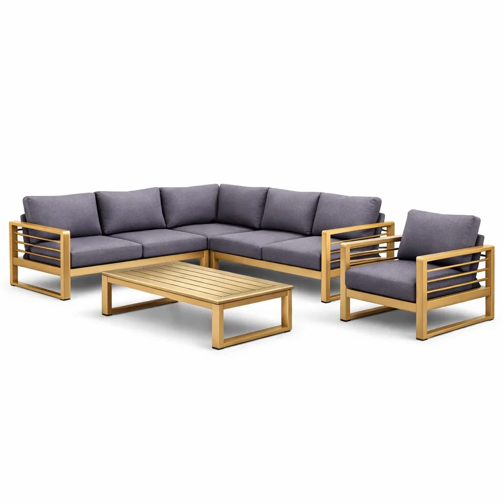 Garten sofa set ecksofa mit tisch holz aluminium grau-DECORTRENDZONE