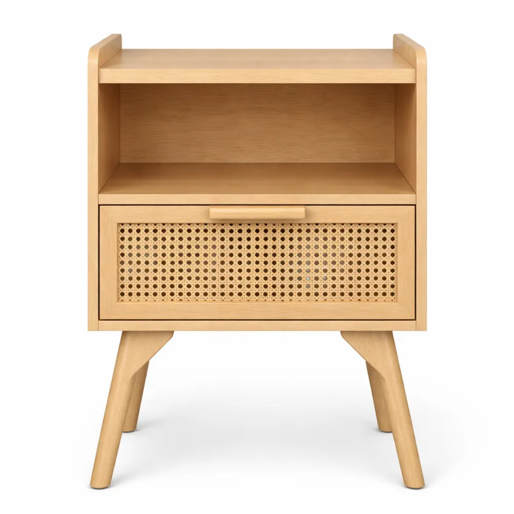 Table de nuit bohème en rotin avec tiroirs et étagère