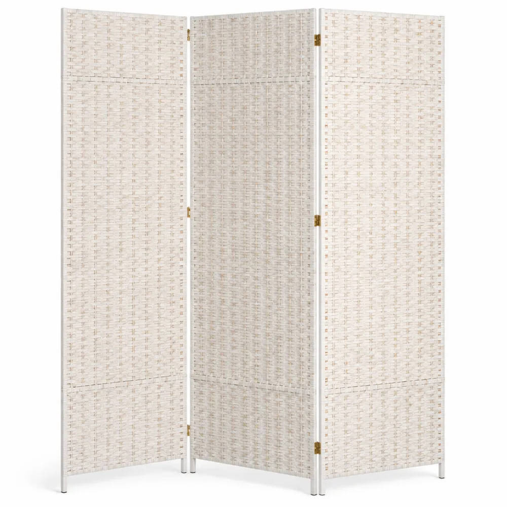 Paravent intérieur pliant en bois et corde papier, 3 panneaux, 170 x 120 cm, blanc