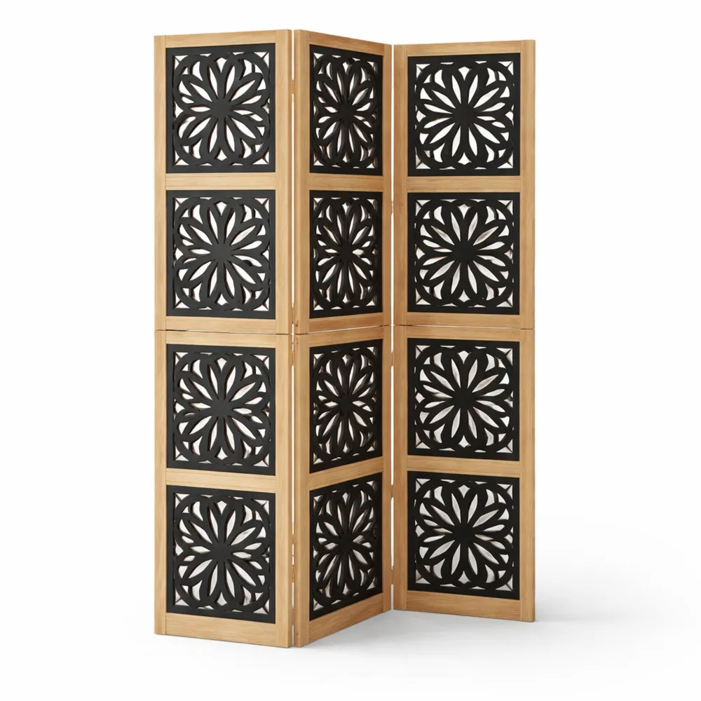 Écran de Séparation Intérieur 3 Panneaux Bois Marron Noir