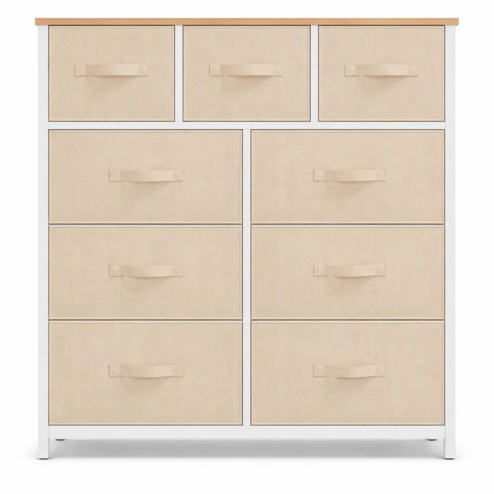 Grande commode à 9 tiroirs en tissu avec plateau en bois pour chambre et salon