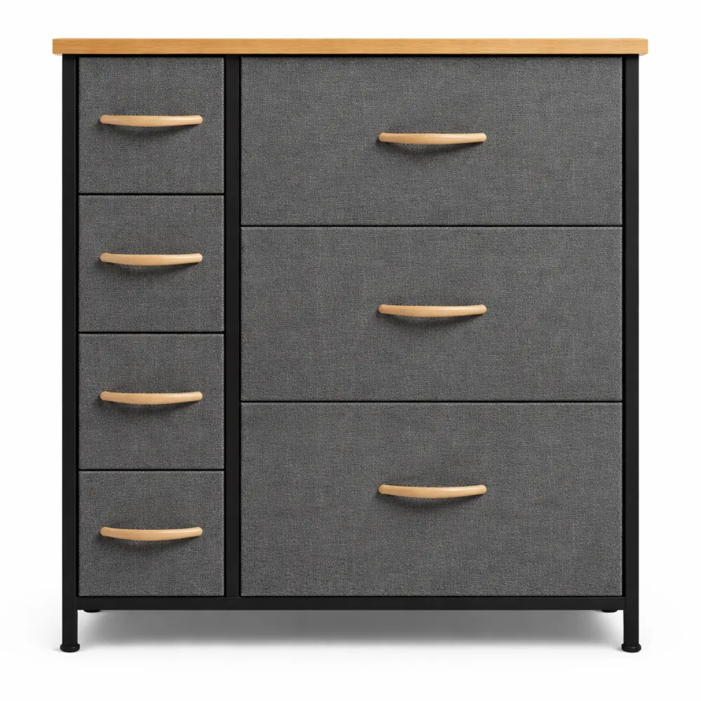 Commode à 7 tiroirs en tissu avec cadre en métal pour salon et chambre, gris foncé