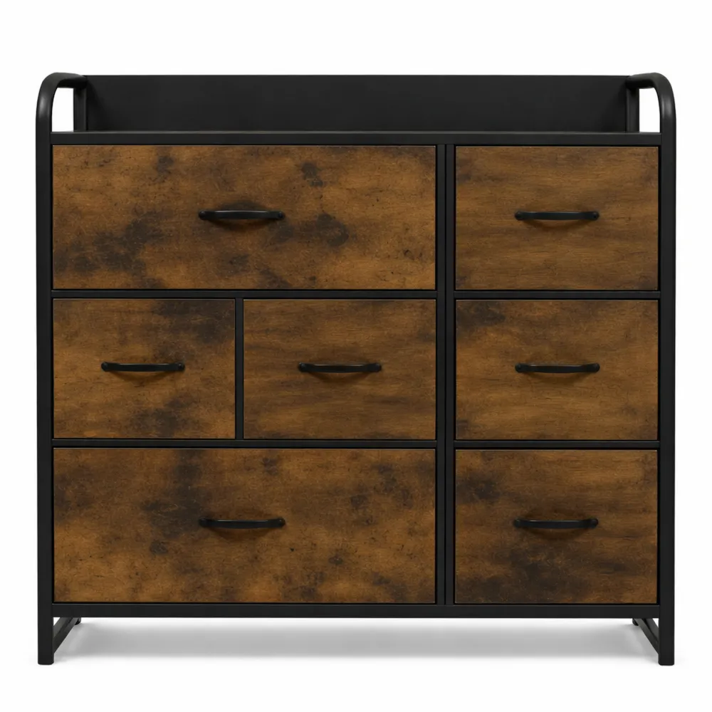 Commode moderne à 7 tiroirs en tissu avec cadre métallique pour chambre ou salon