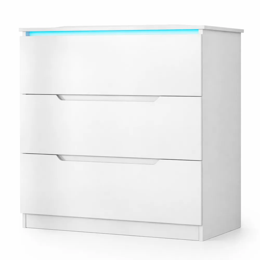 Commode moderne avec LED et 3 tiroirs pour salon et chambre, dimensions 40 x 70 x 80 cm, blanc