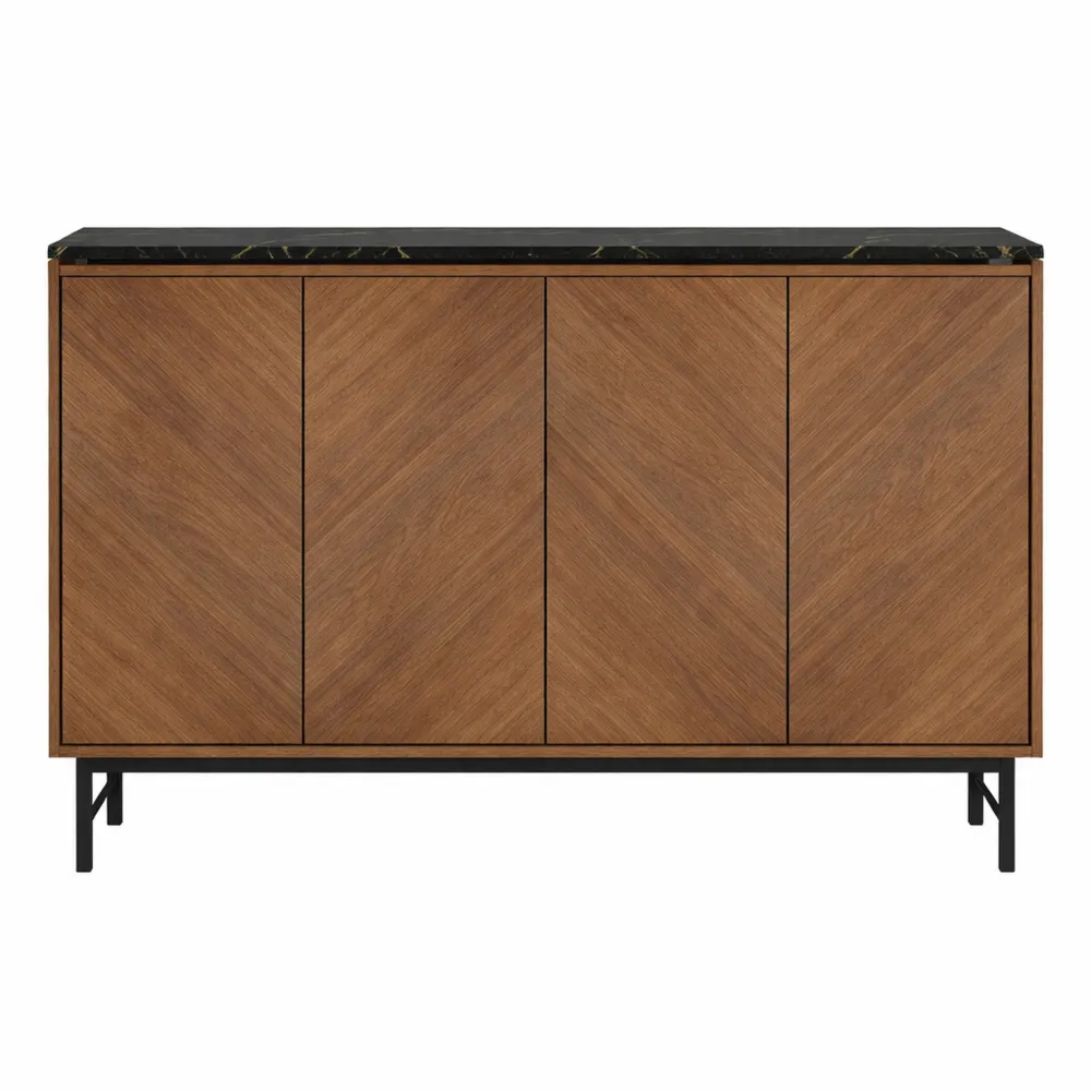 Meuble TV 120 cm avec étagères réglables et pieds en acier, effet marbre