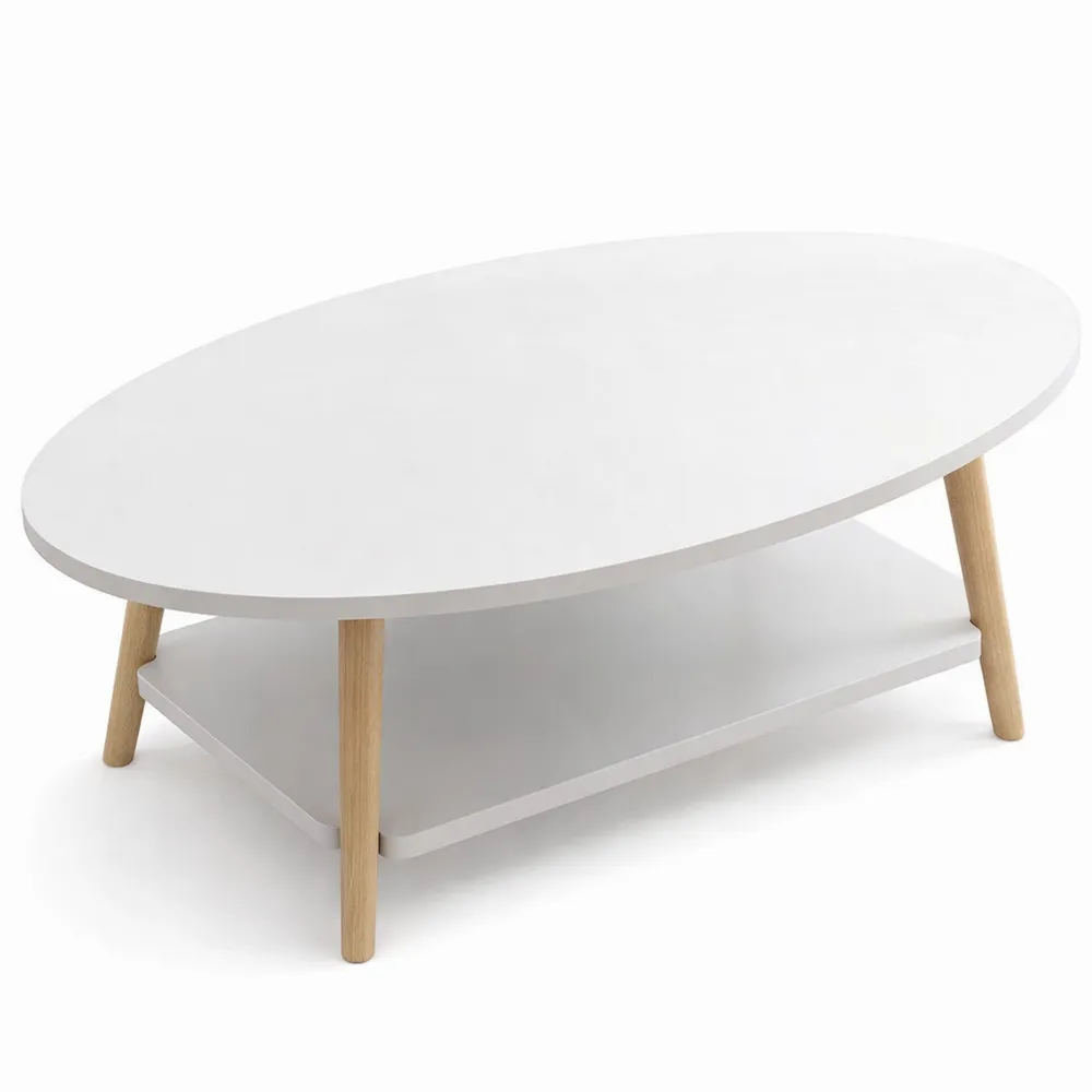 Table basse ovale en bois avec étagère intégrée, finition blanche