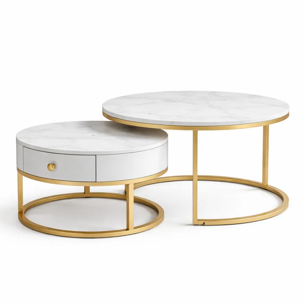 Ensemble de 2 Tables Basses Rondes Modernes en Marbre pour Salon