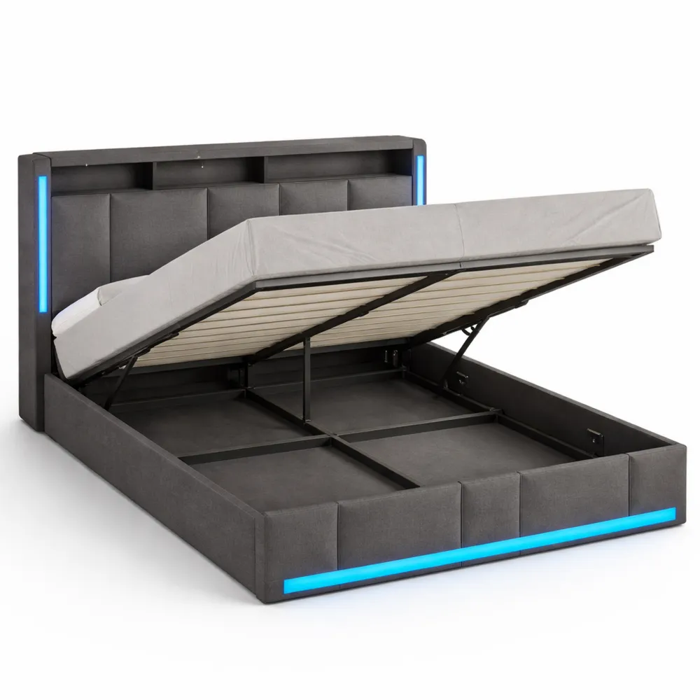 Lit double 160x200 avec LED, ports USB et rangement