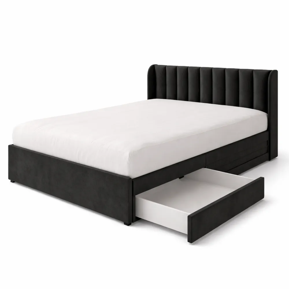Lit double avec sommier à lattes et rangements, velours noir