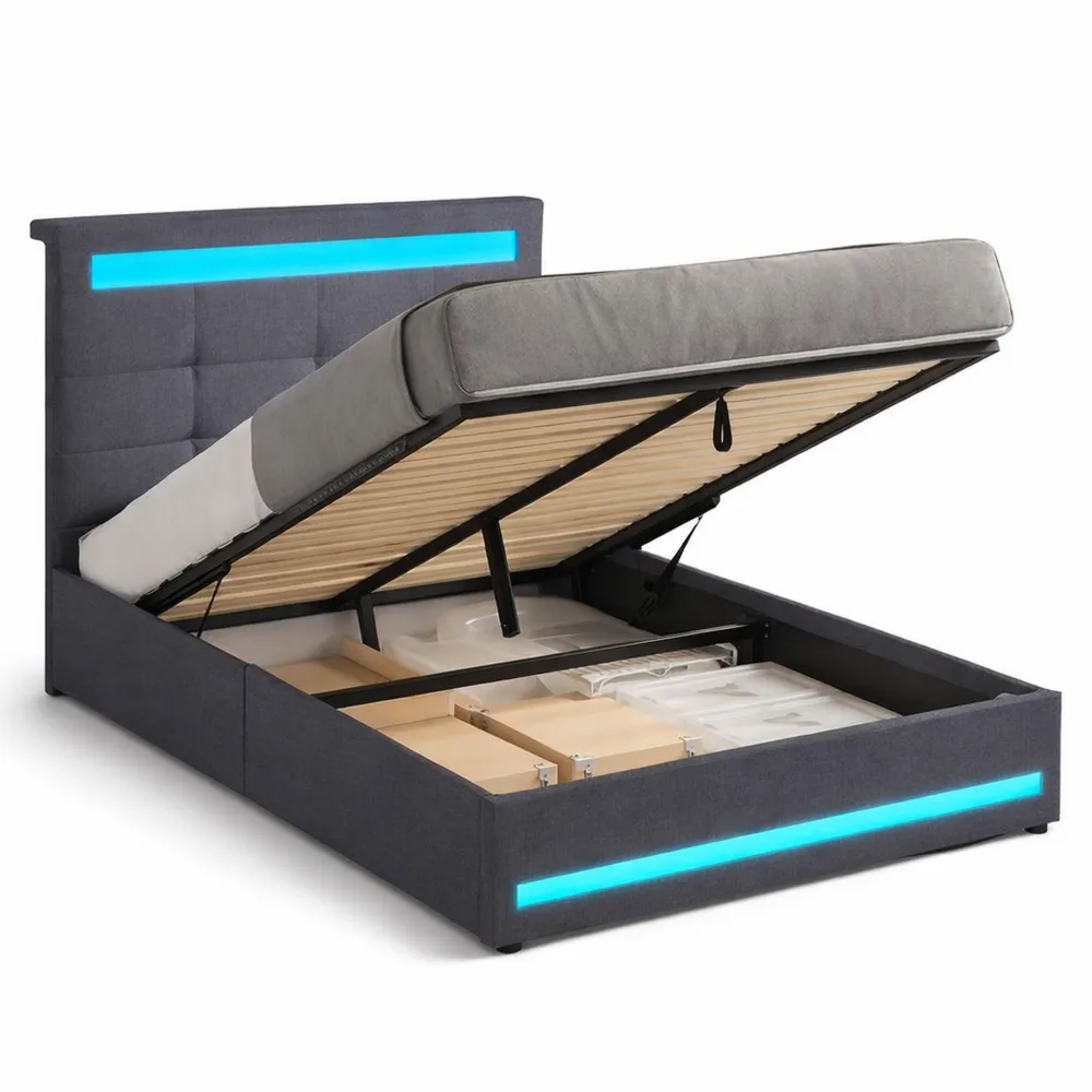 Lit Enfant Rembourré avec Rangement et LED, 90x200 cm, Hauteur Réglable