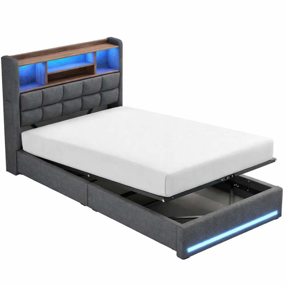 Lit Simple 90x200 avec Rangements Intégrés et Éclairage LED