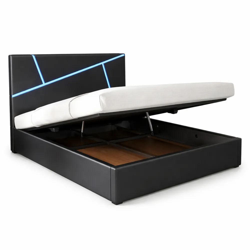 Lit Simple 90x200 cm avec Rangement Intégré et Tête de Lit LED