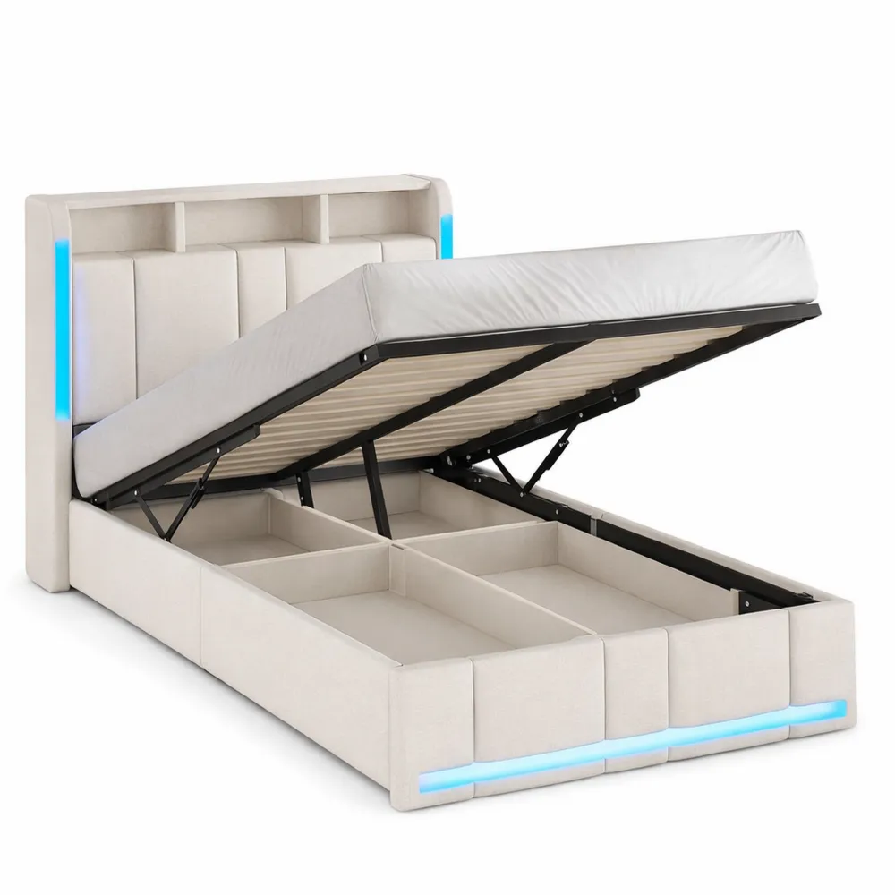 Lit Double avec LED et Ports USB, Rangement et Tête de Lit Capitonnée, Sans Matelas