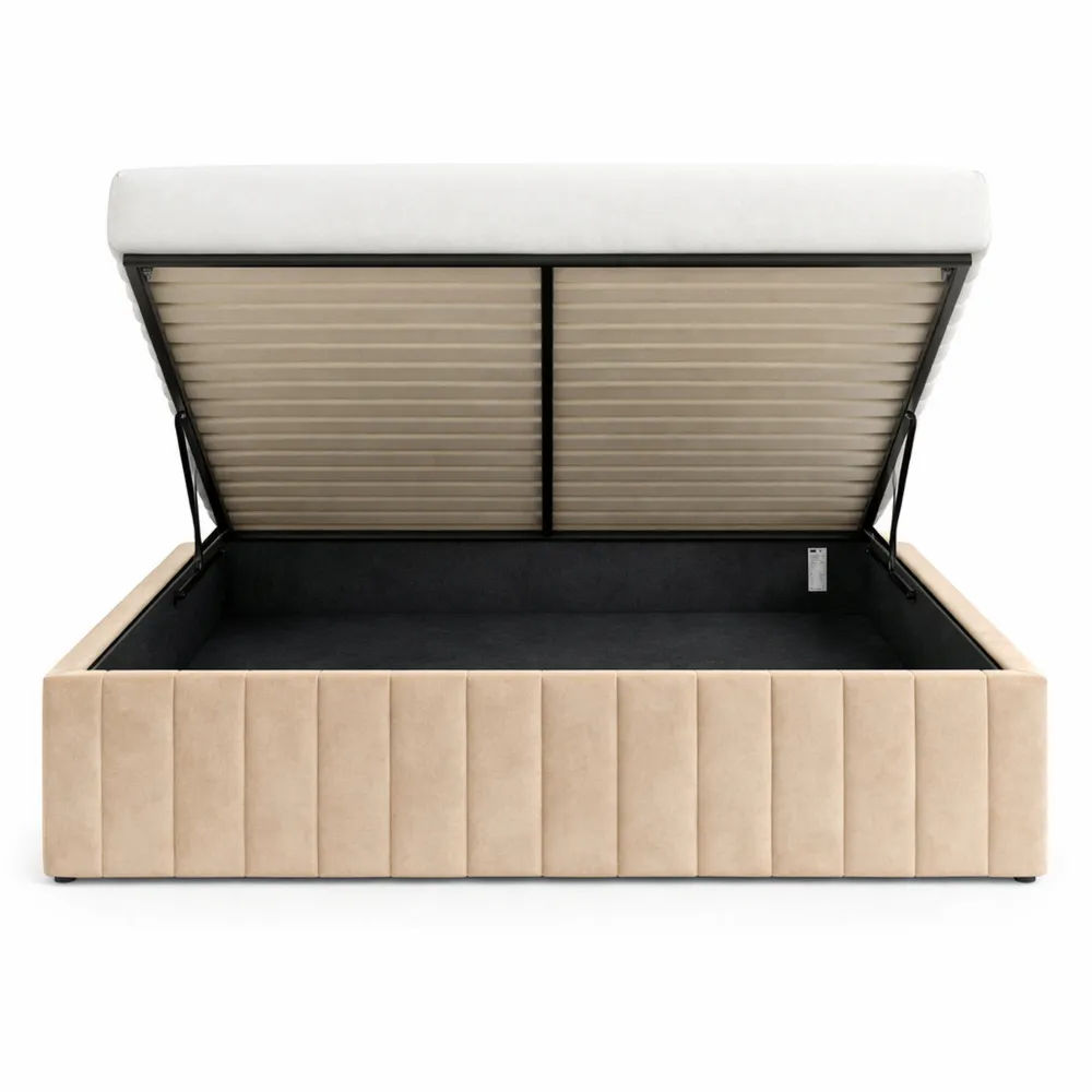Lit Double avec Rangement et Sommier en Velours Beige 140 x 190 cm