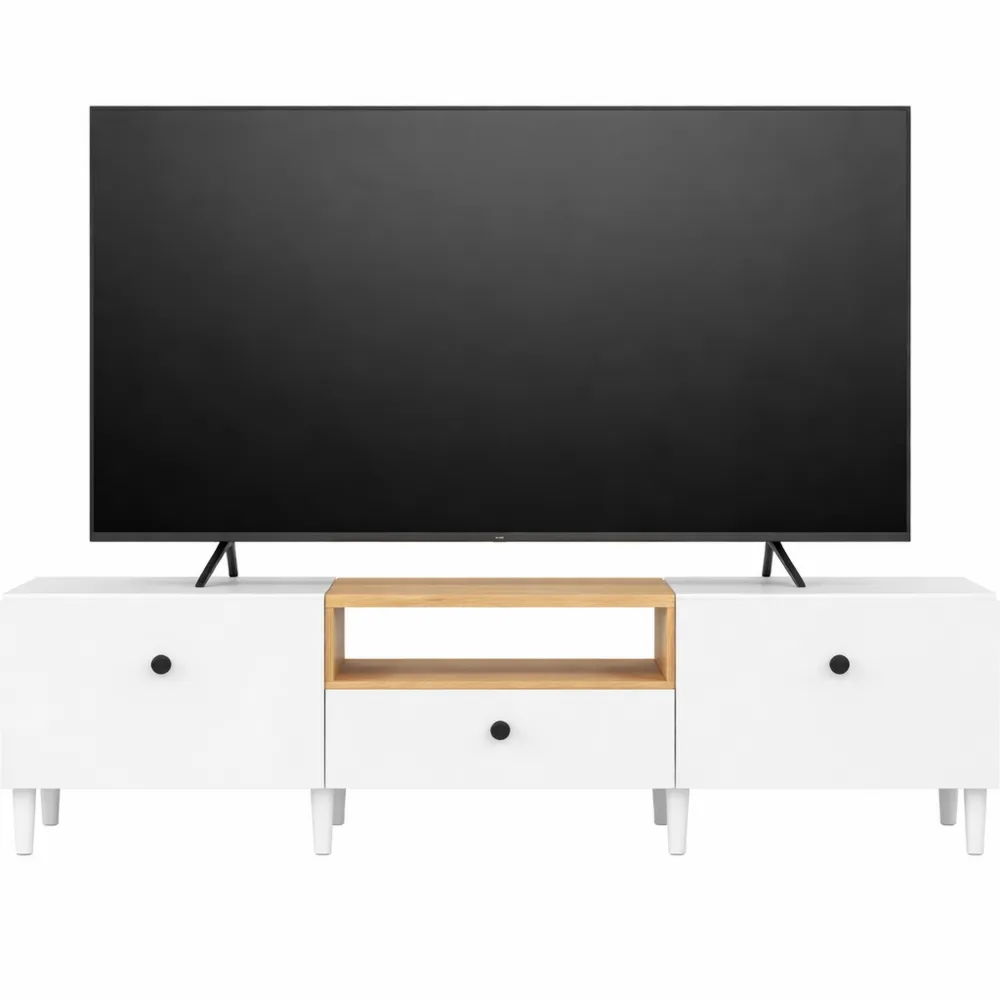 Meuble TV Moderne avec Tiroir et Portes rabattables, Blanc, 200 cm