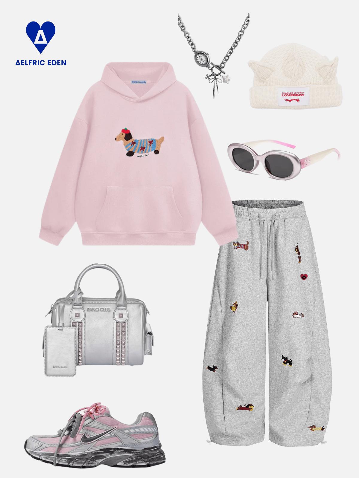 Aelfric Eden Embroidered Puppy High-Waist Baggy Wide-Leg Sweatpants with Pockets Drawstring Elastic Waist Casual Vintage Streetwear Unisex Joggers