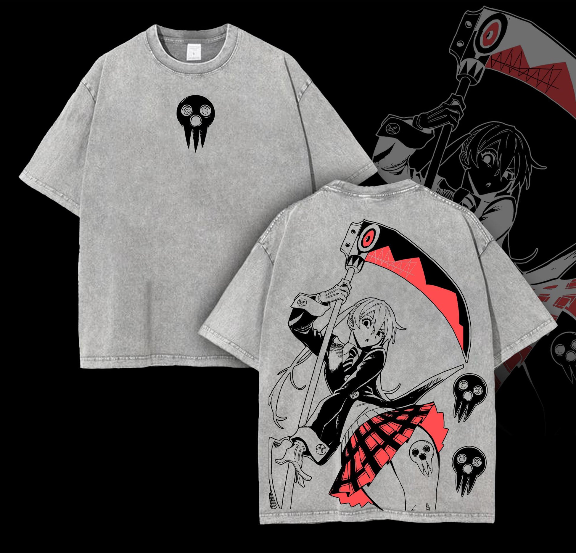 Maka Albarn x Soul Eater Anime Double Printed Vintage Washed Tee Unisex Oversize Heavyweight Cotton T-shirt for Anime Fans and Lovers