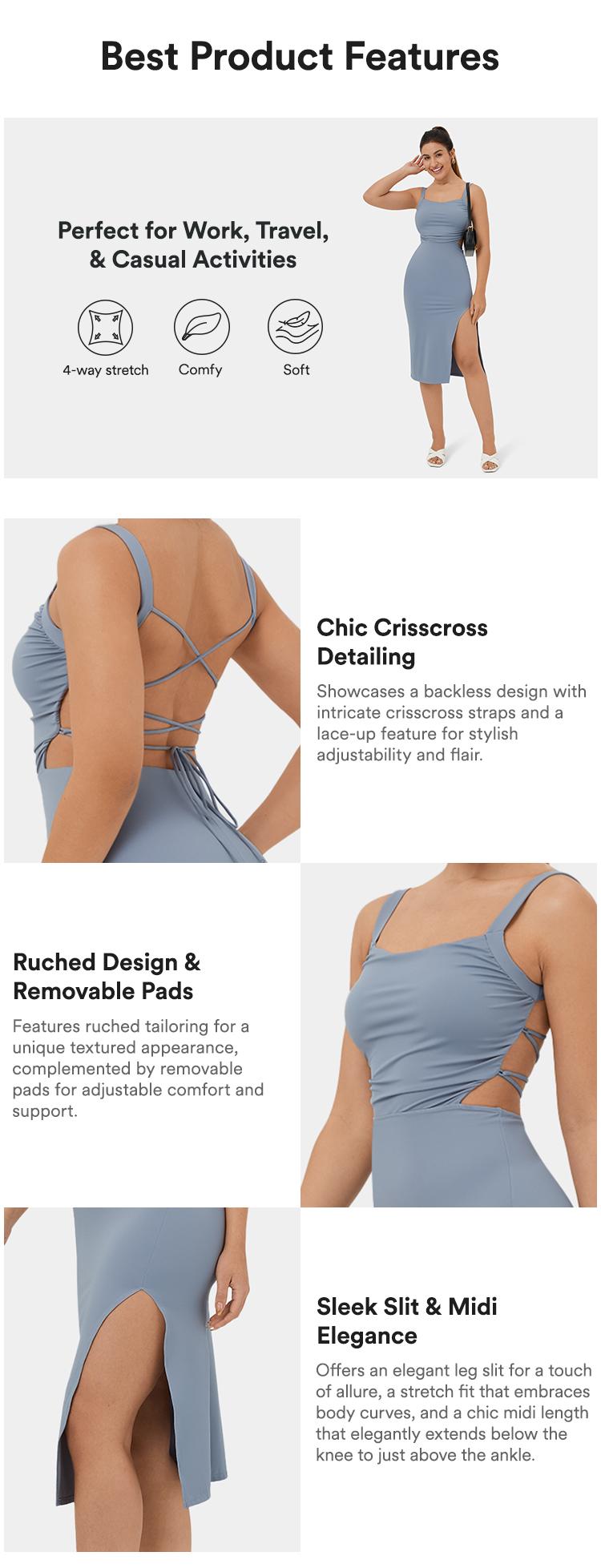 Halara Women's Sleeveless Ruched Backless Crisscross Lace-Up Split Bodycon Midi Sports Dress - Elegant Ruched Design, Elastic Fabric, Sexy, Casual Wear, Comfortable Elastane Summer Prom Wear