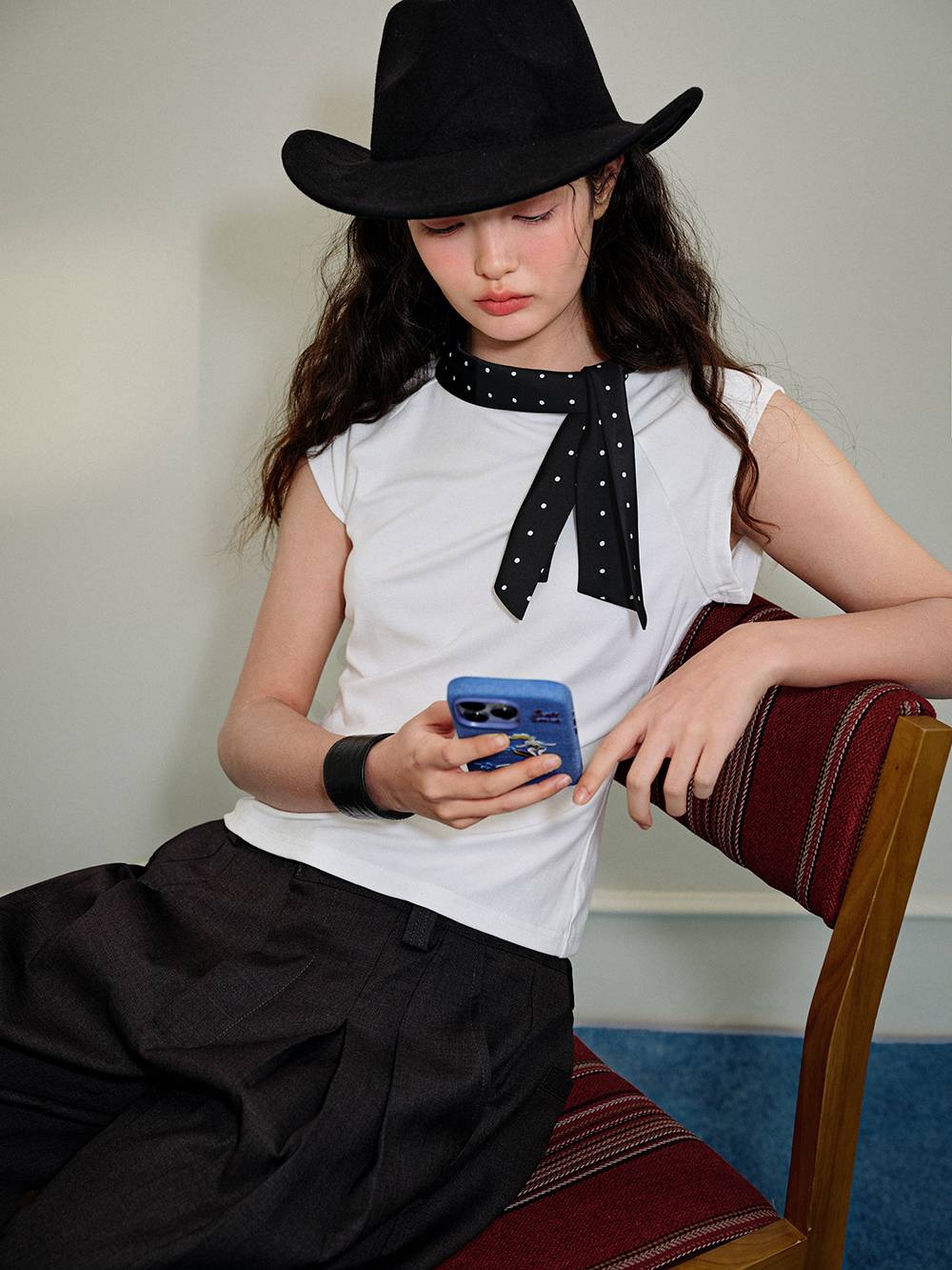 Polka Dot Bow Collar Top