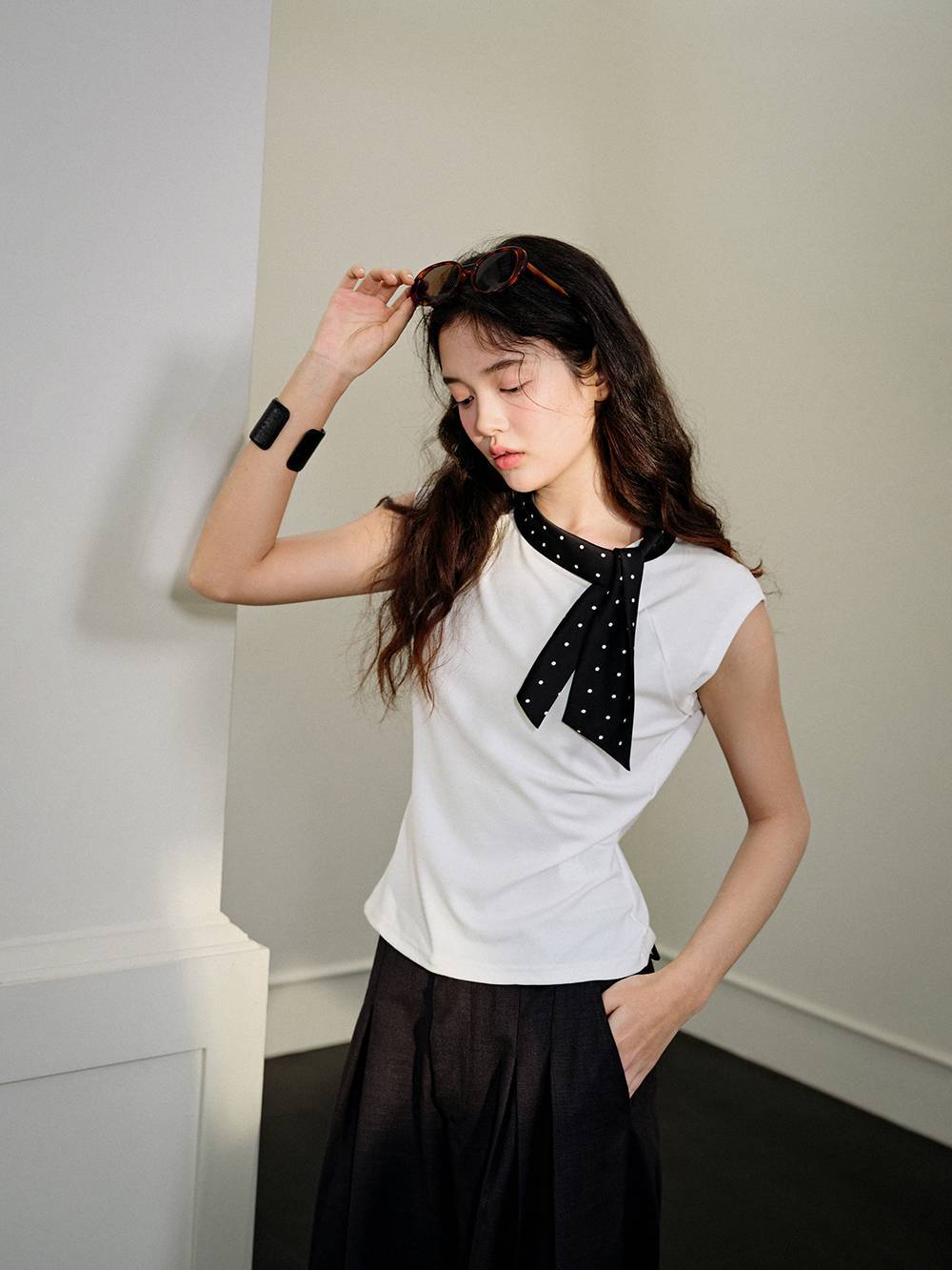 Polka Dot Bow Collar Top