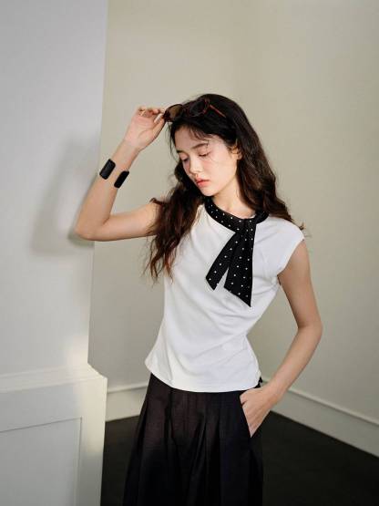 Polka Dot Bow Collar Top