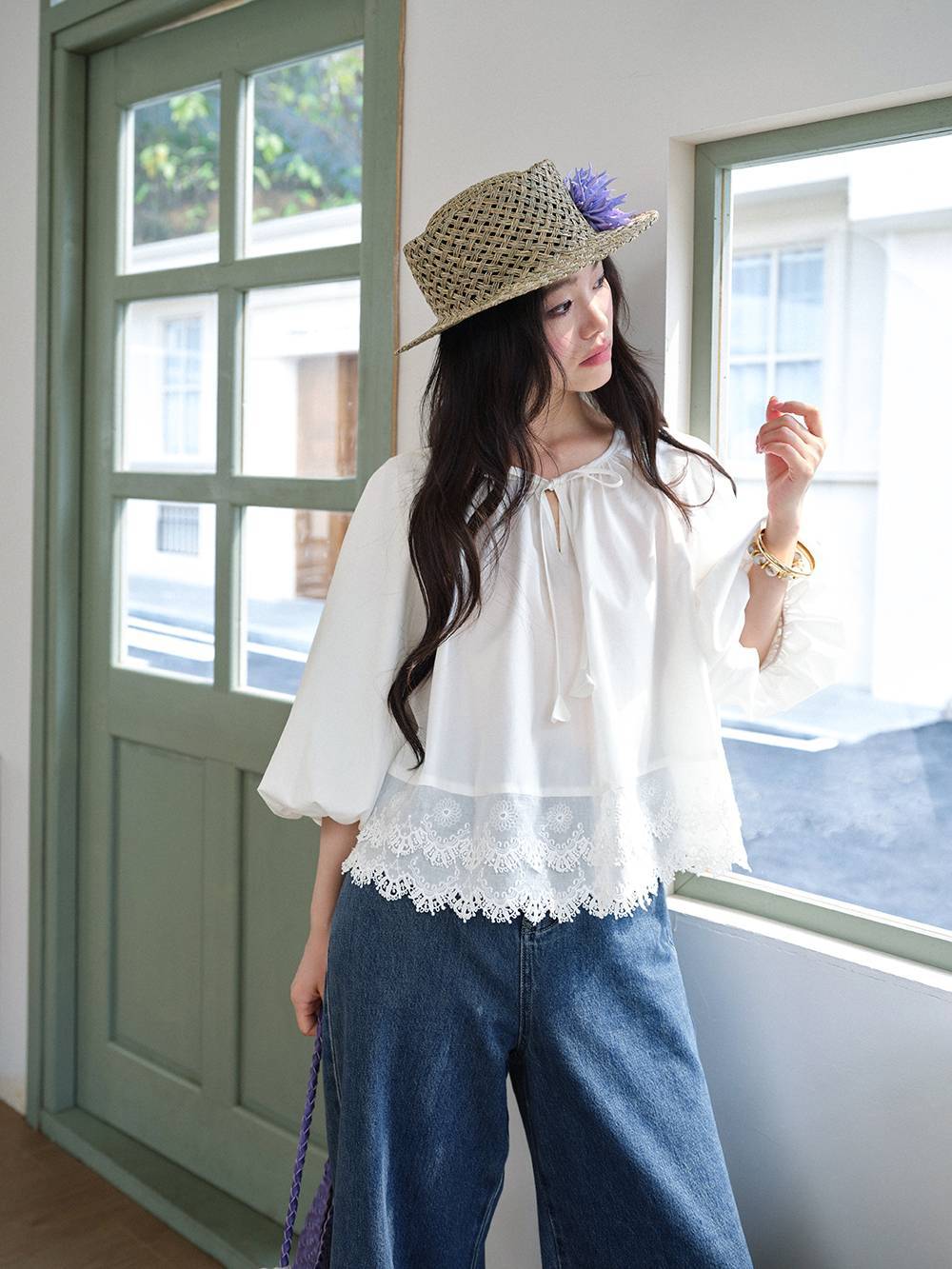 Lace Hem Relaxed Blouse