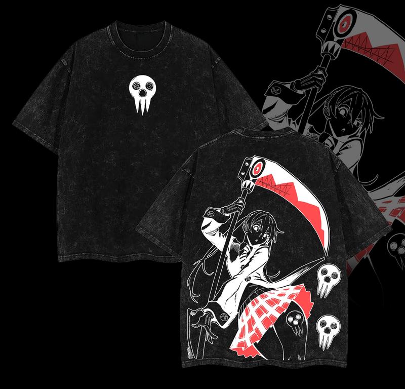 Maka Albarn x Soul Eater Anime Double Printed Vintage Washed Tee Unisex Oversize Heavyweight Cotton T-shirt for Anime Fans and Lovers