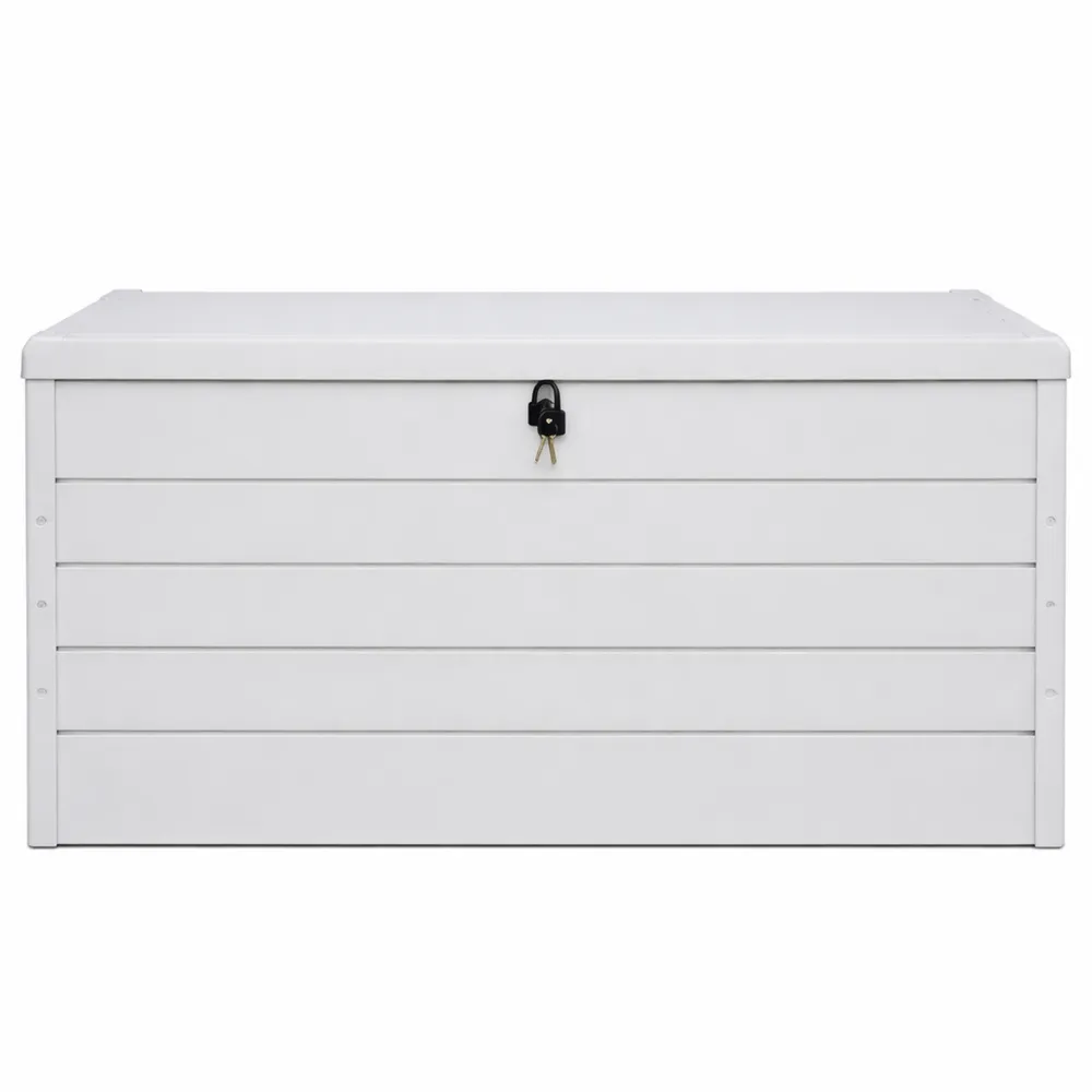 Coffre extérieur verrouillable en métal blanc 120x62 cm pour rangement 385 L