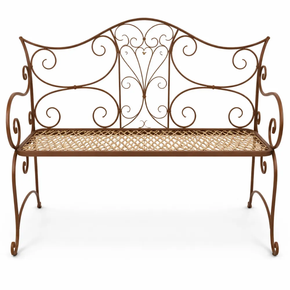 Banc de jardin en fer forgé style rustique pour 2 à 3 personnes, couleur marron antique