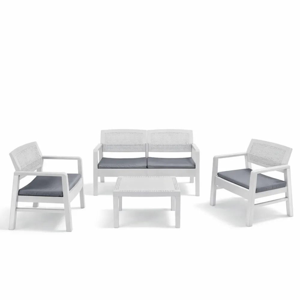 Ensemble de jardin avec fauteuils, canapé et table basse, effet rotin, coussins inclus, blanc