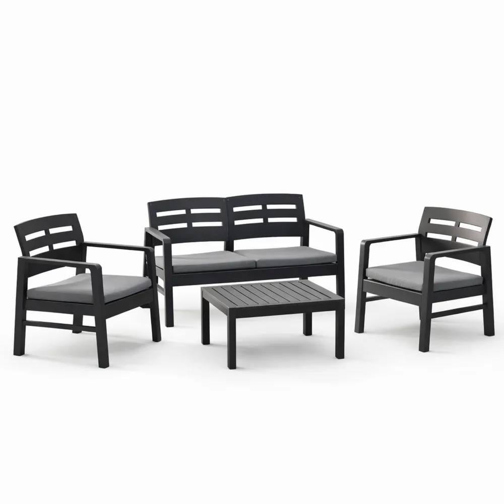 Ensemble de mobilier de jardin avec fauteuils, canapé et table basse, pour intérieur et extérieur, couleur anthracite