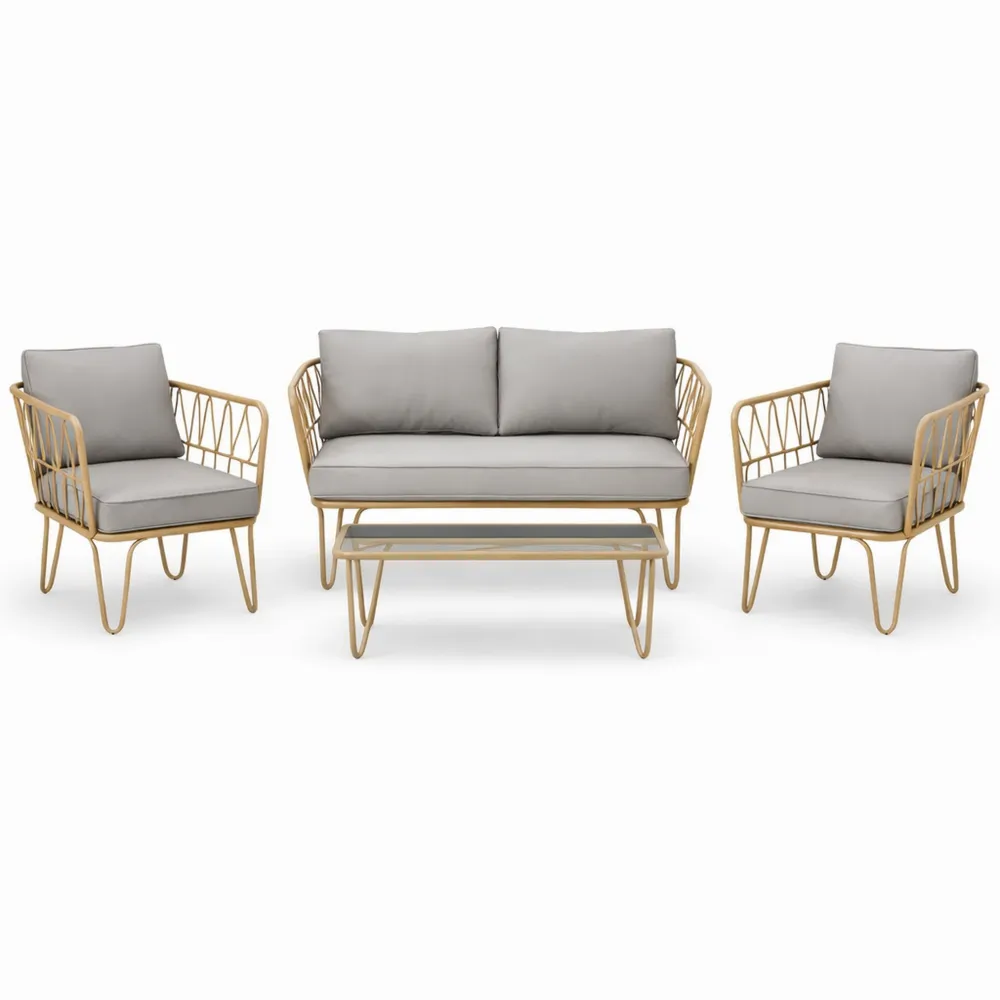 Set de Mobilier de Jardin 4 Pièces avec Canapé, Fauteuils et Table Basse en Verre Trempé