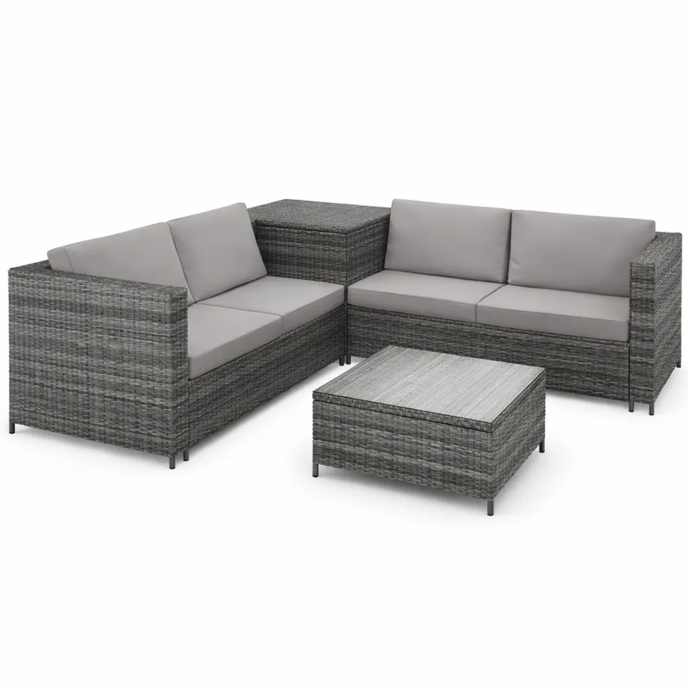 Salon de Jardin Extérieur 4 Places avec Rangements et Table en Verre