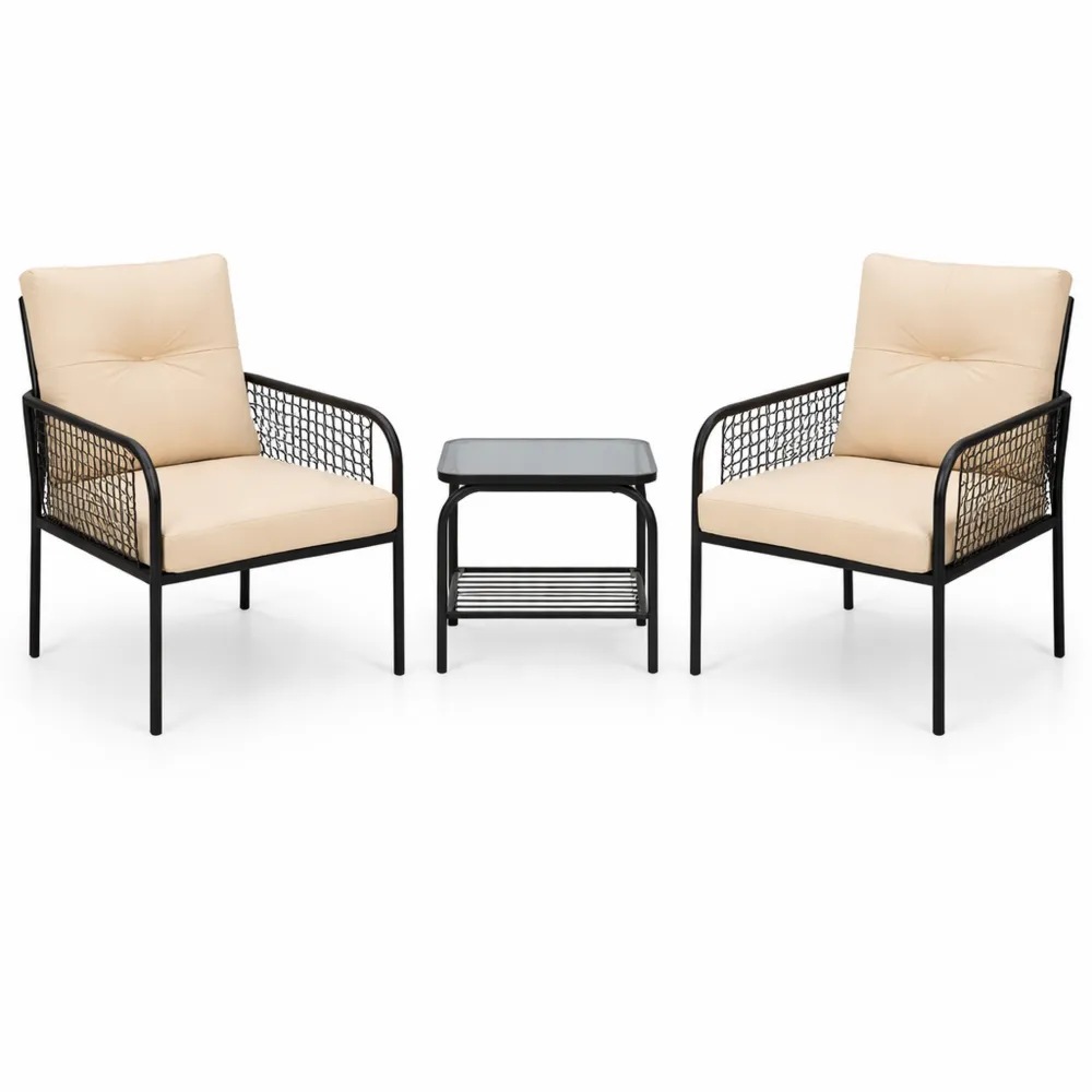 Ensemble de Salon de Jardin en Rotin PE avec Coussins et Table en Verre