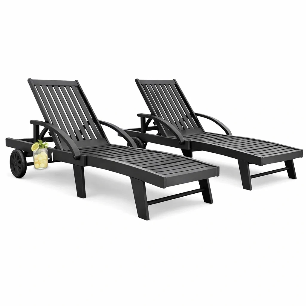 Outdoor Wooden Double Chaise Lounge Set with Wheels-Hemsleyra