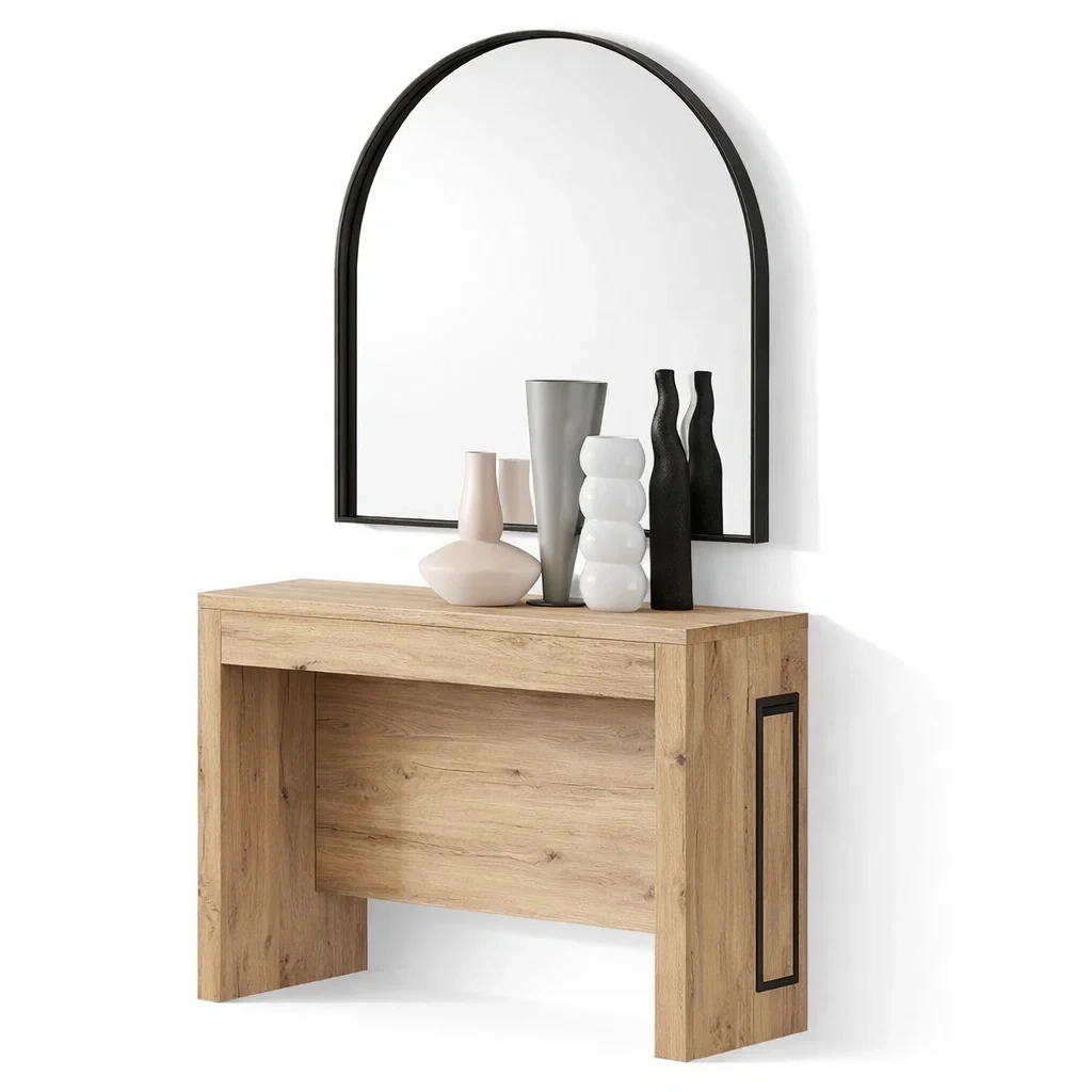 Minimalist Wooden Console Table with Arch Mirror-Hemsleyra