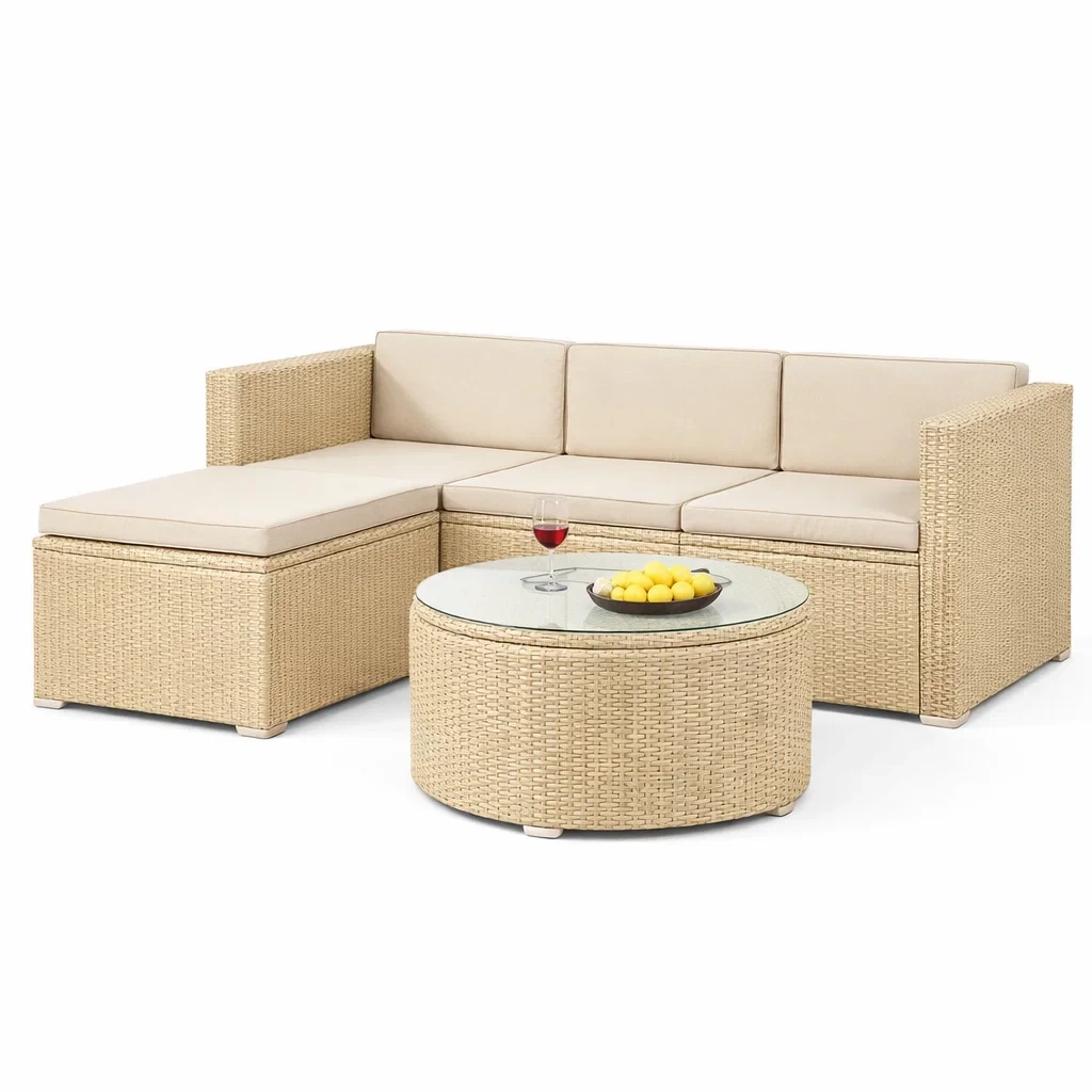 Outdoor Rattan Sectional Sofa Set with Round Coffee Table-Hemsleyra