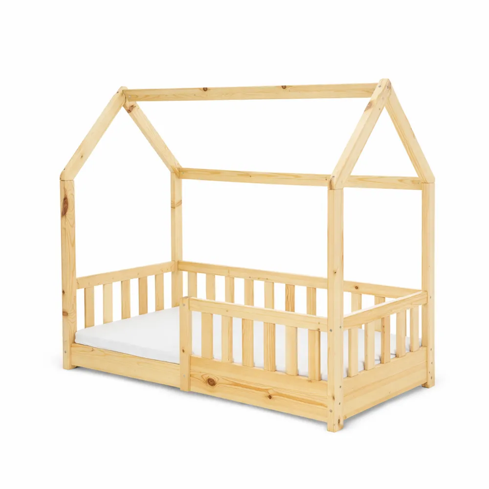 Lit Cabane Enfant en Bois Massif 70x140 cm avec Toit et Barrière de Sécurité
