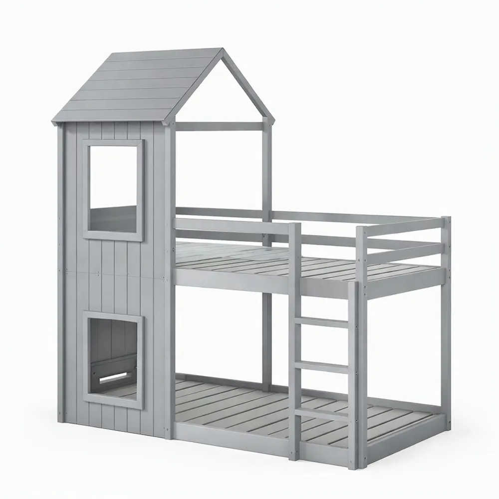 Lit superposé en bois avec échelle et barrière de sécurité pour enfant