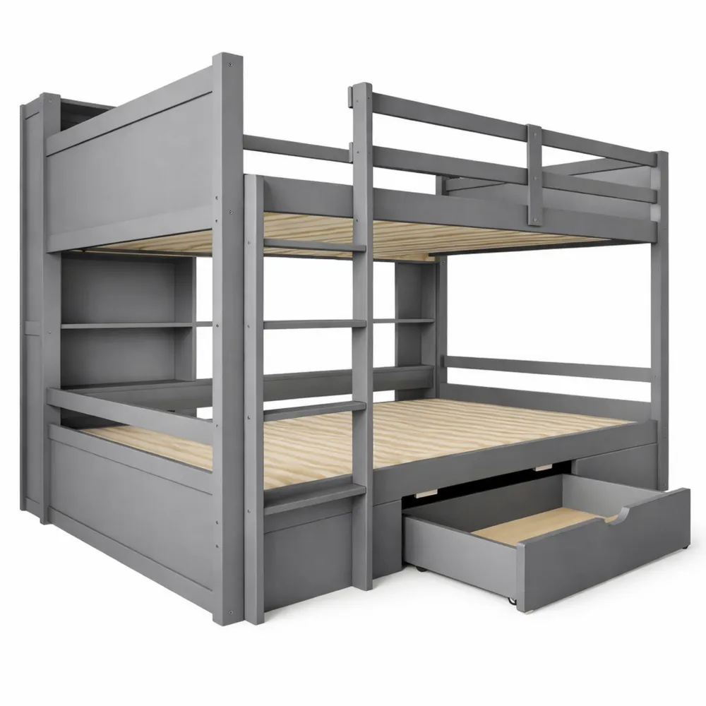 Lit d'enfants superposé 90x200cm avec tiroir et rangements intégrés