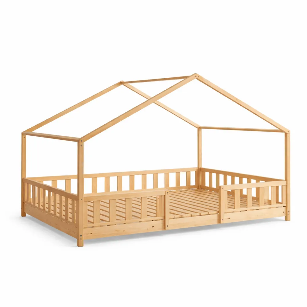 Lit Enfant Maison avec Barrières Sécurité en Bois Naturel 200x90 cm