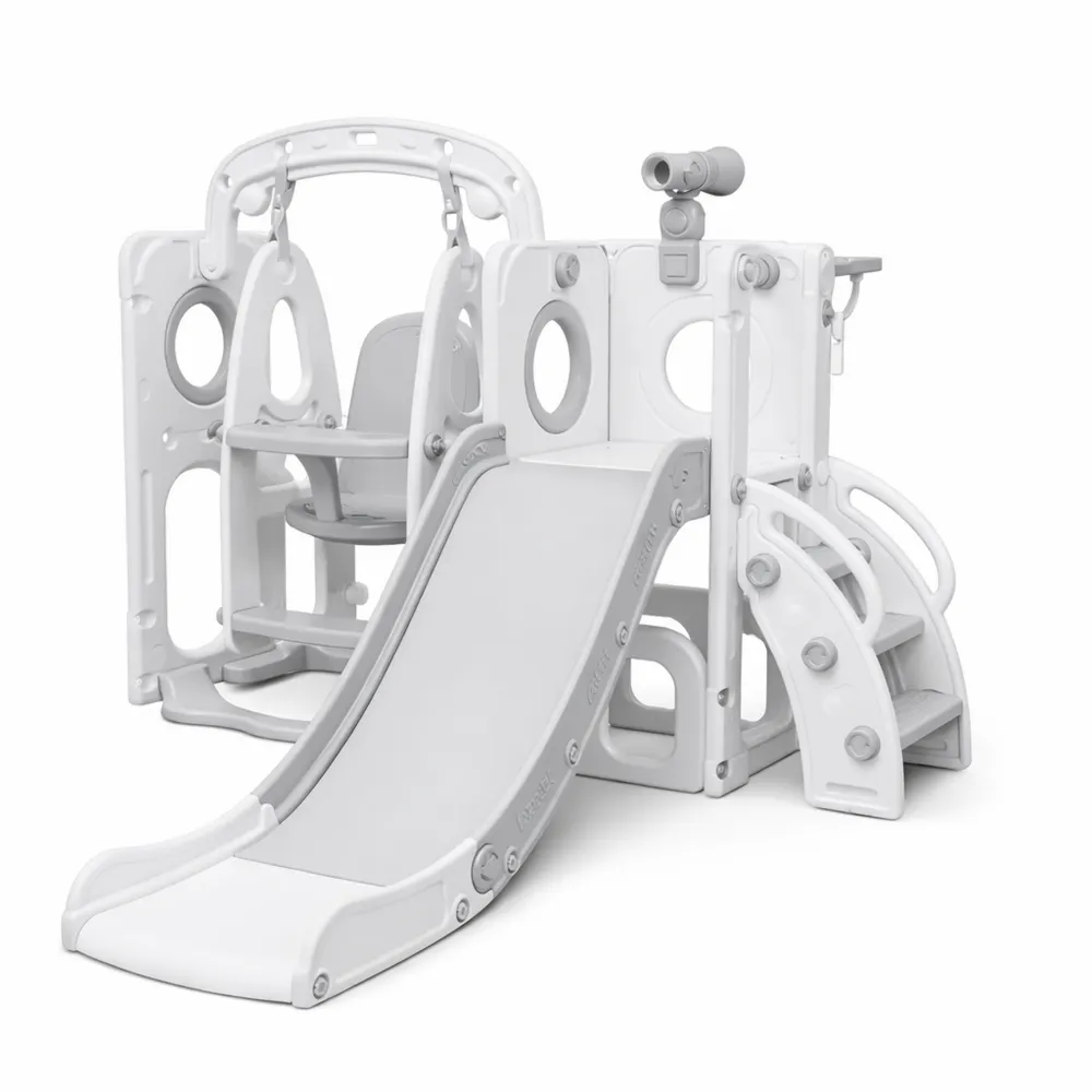 Aire de Jeux 5 en 1 avec Toboggan, Balançoire et Panier de Basketball pour Enfants