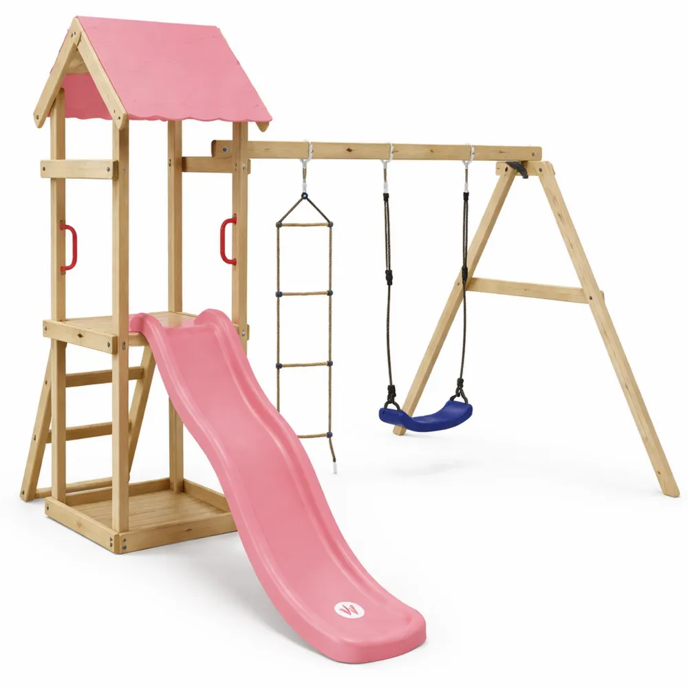 Aire de jeux en bois avec balançoire, toboggan pastel, tour d'escalade et bac à sable