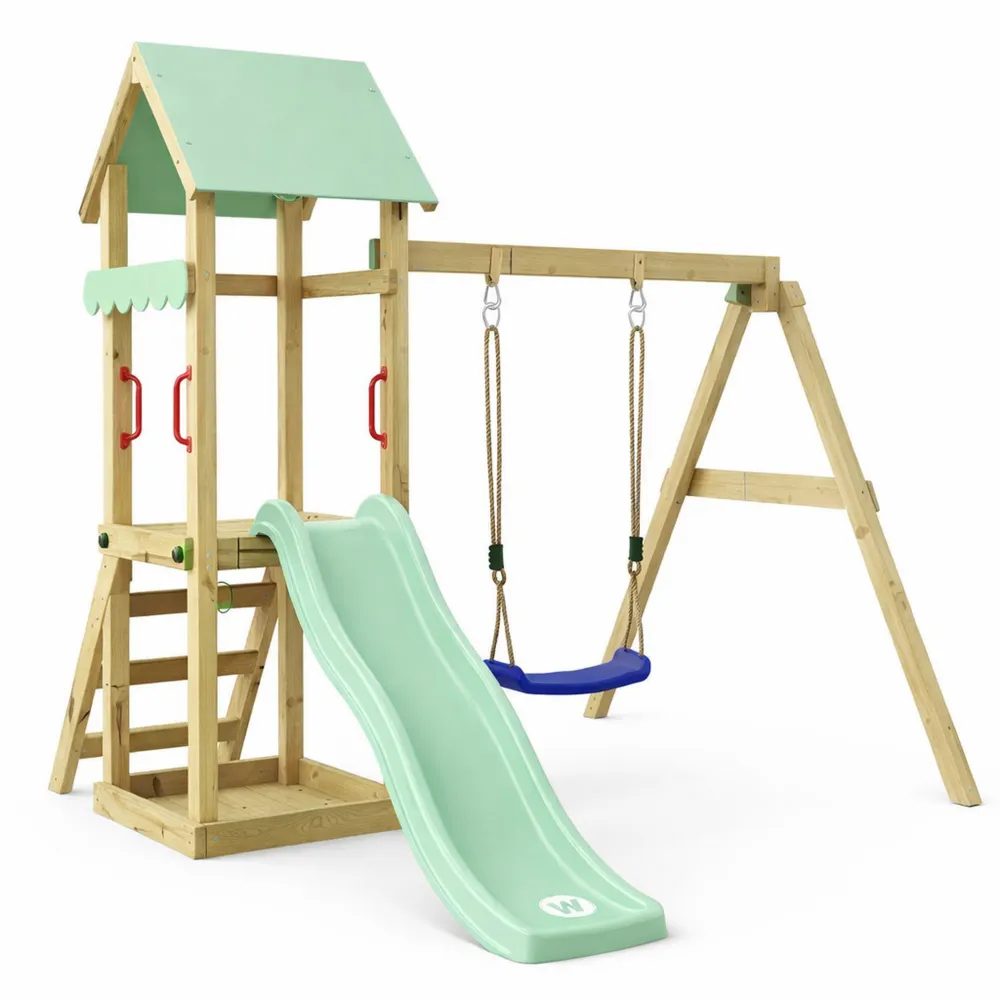 Aire de jeux en bois avec balançoire, toboggan et tour d'escalade pour enfants