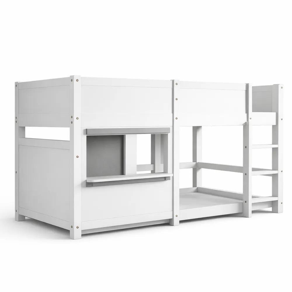 Lit superposé enfant 90x200 avec rangement et étagère blanche