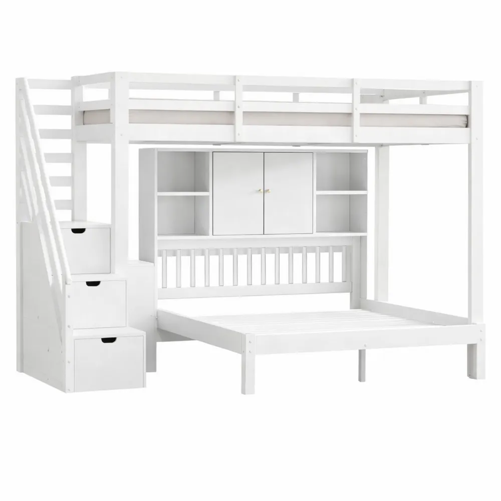 Lit superposé enfant avec étagère et barrière, bois massif et MDF, blanc