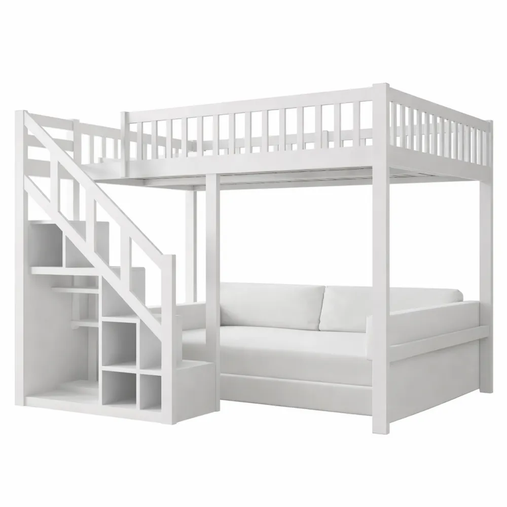 Lit mezzanine enfant avec escalier de rangement et sécurité, bois massif