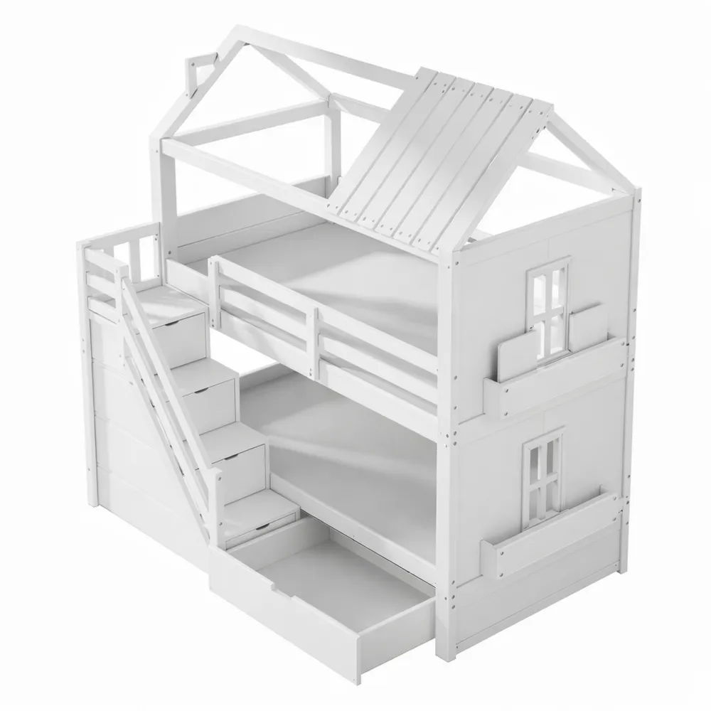Lit mezzanine enfant multifonctionnel blanc avec rangements intégrés et barrière
